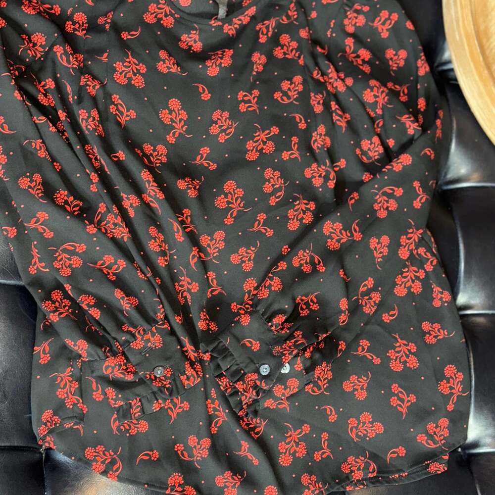 Ann Taylor LOFT Red Floral Ruffle Cuff Flowy Long Sleeve Blouse